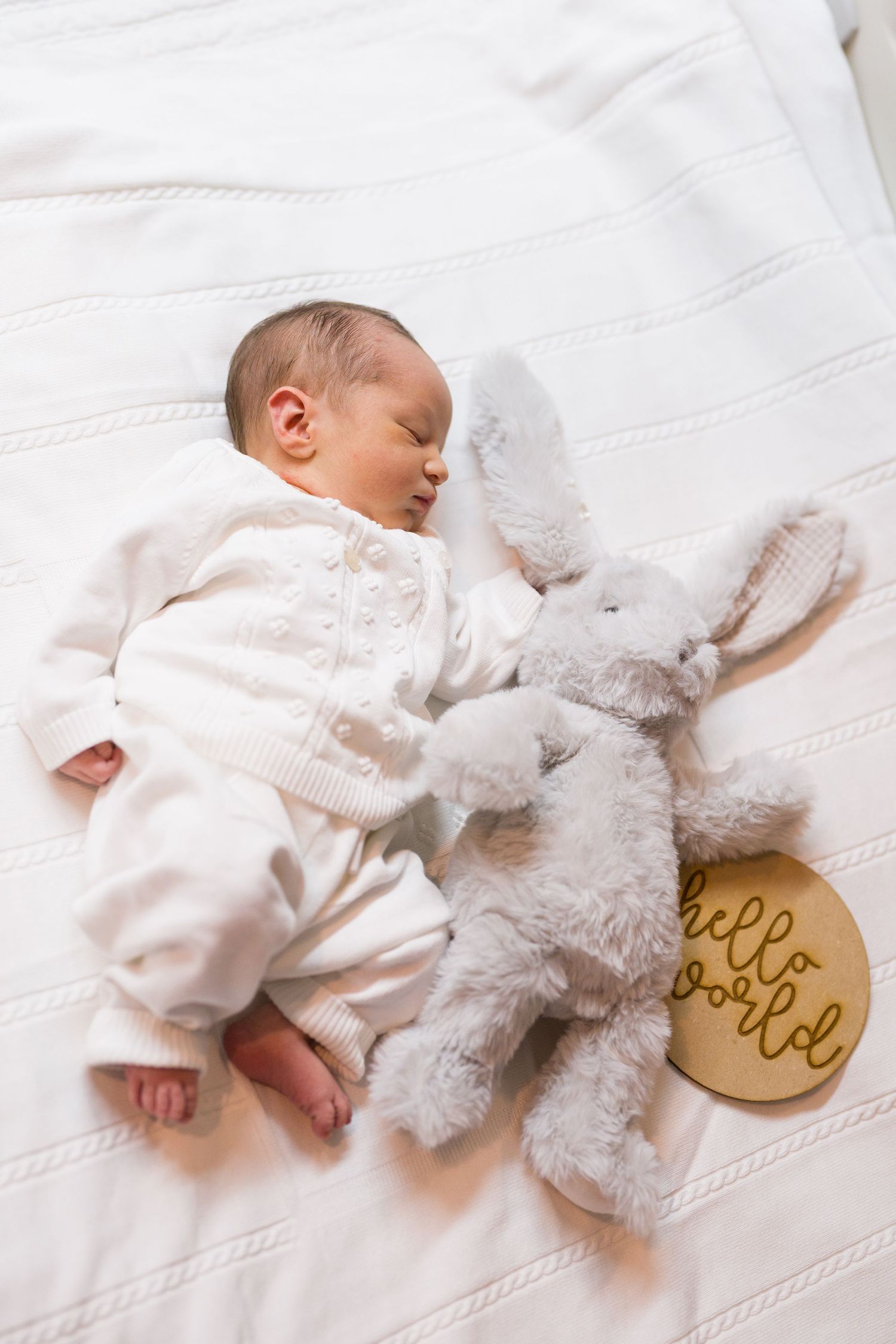 Sleeping newborn with gray plush bunny and wooden hello sign on white bedding.