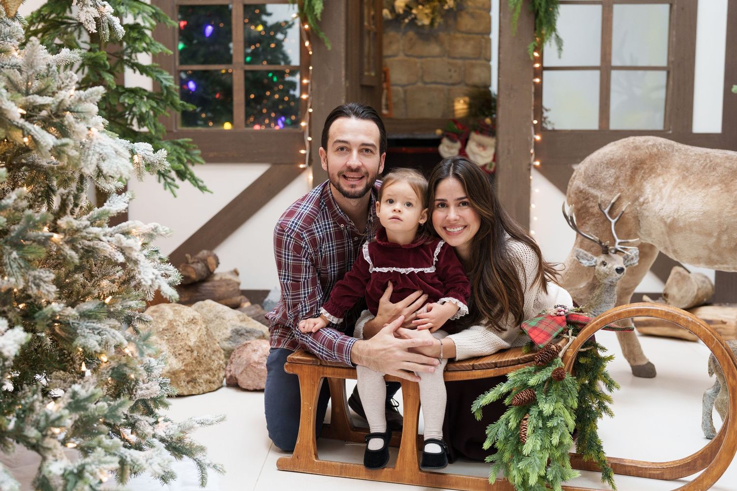 Family gathering around a beautifully decorated Christmas tree with twinkling lights and festive ornaments.