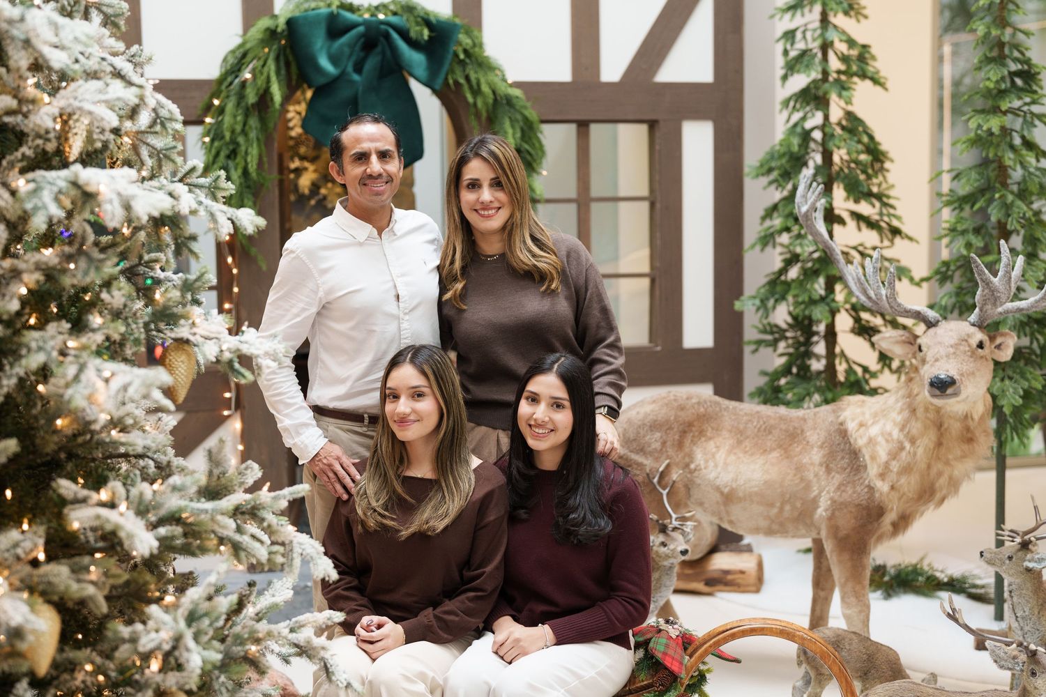 A holiday portrait with a decorative reindeer prop beside a flocked Christmas tree.