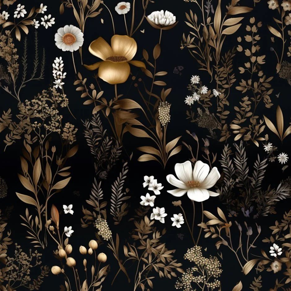 Dark floral pattern with gold, white, and brown wildflowers and botanical foliage on black background.