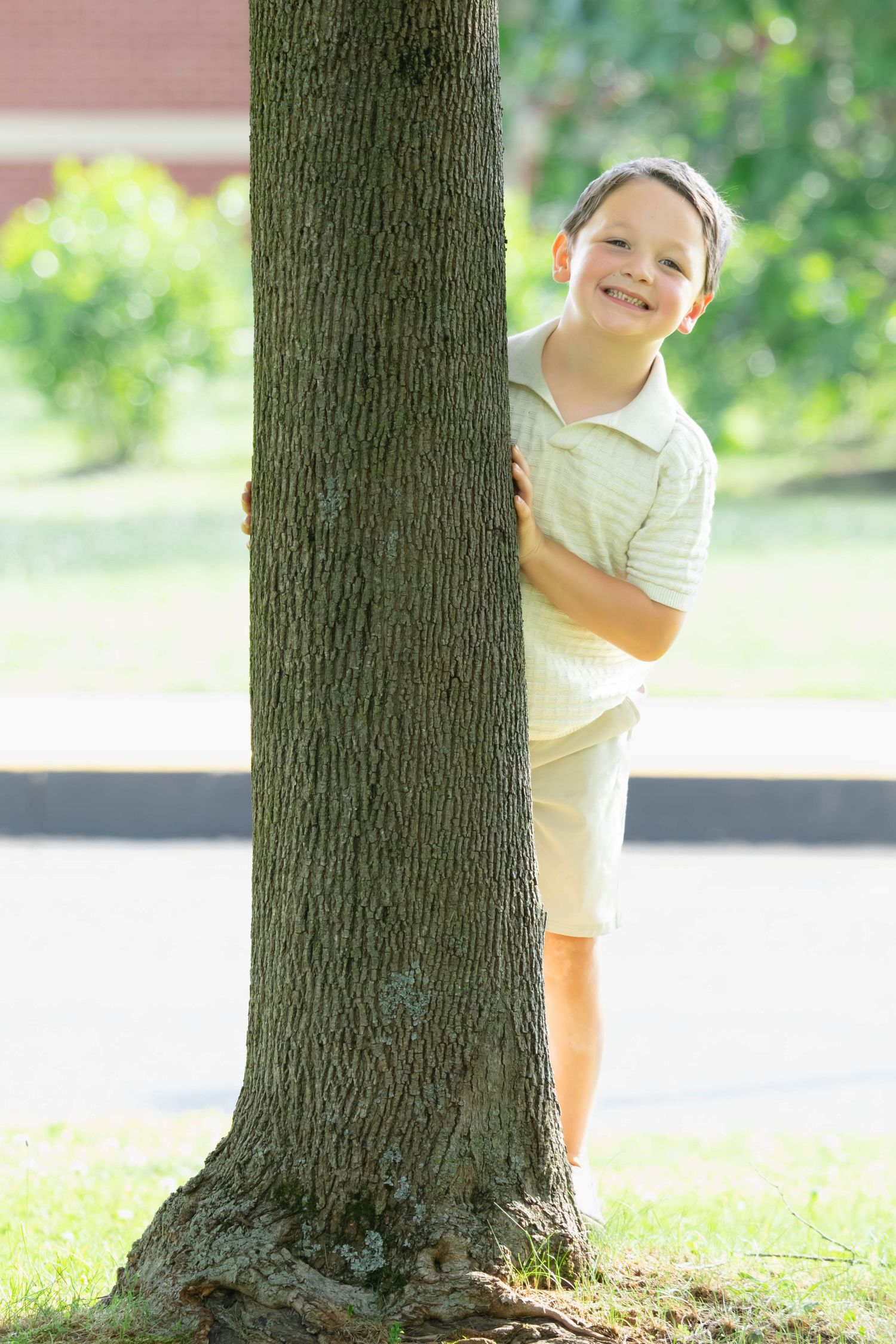 Happy young boy peeking out from behind a large tree trunk in a sunny park setting.