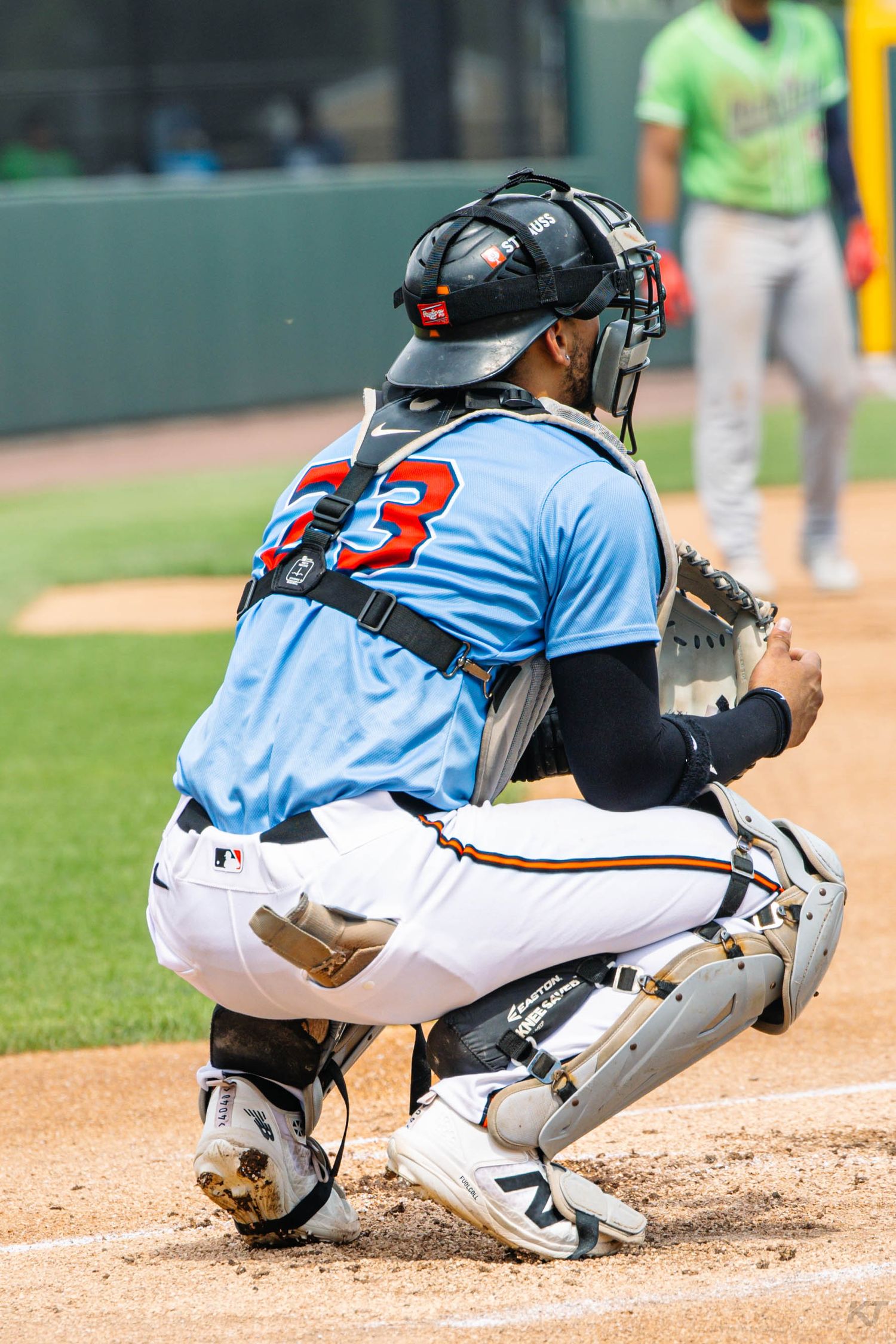 Baseball catcher in light blue jersey number 23 crouching at home plate wearing full protective gear.