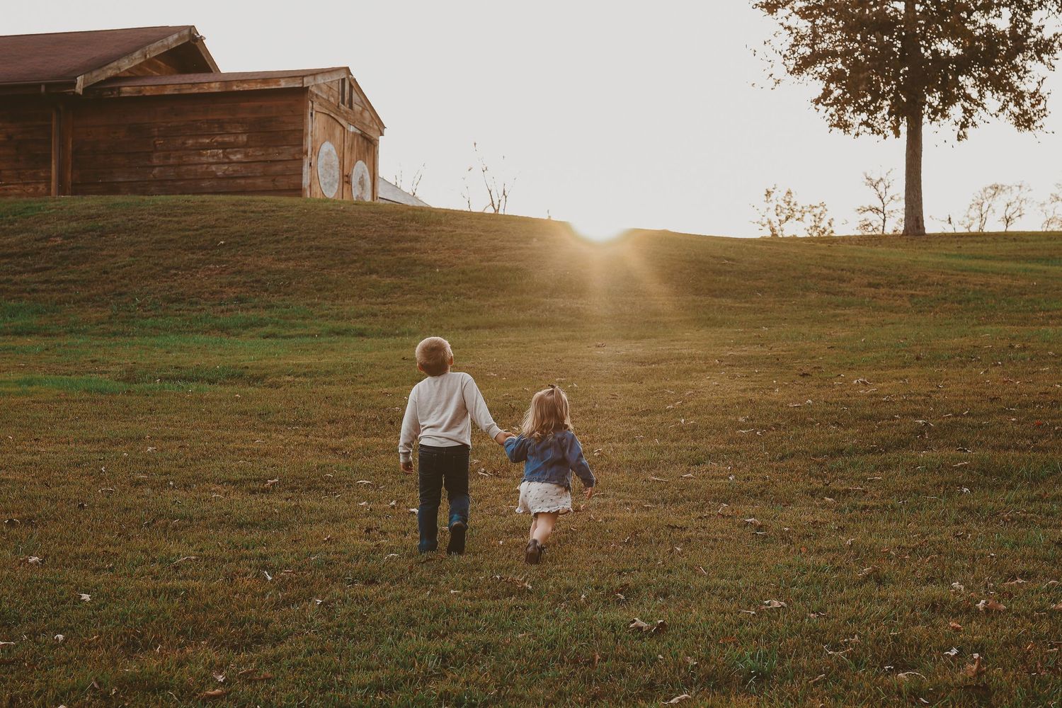 Family walking together across a field at sunset during an outdoor family photography session At southwest point in Kingston, TN