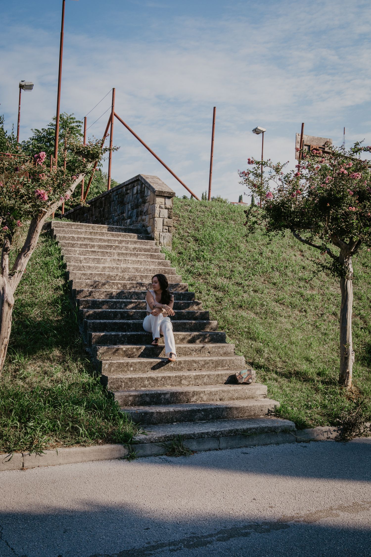 Stone steps with wooden railings lead up a grassy hillside under blue skies.