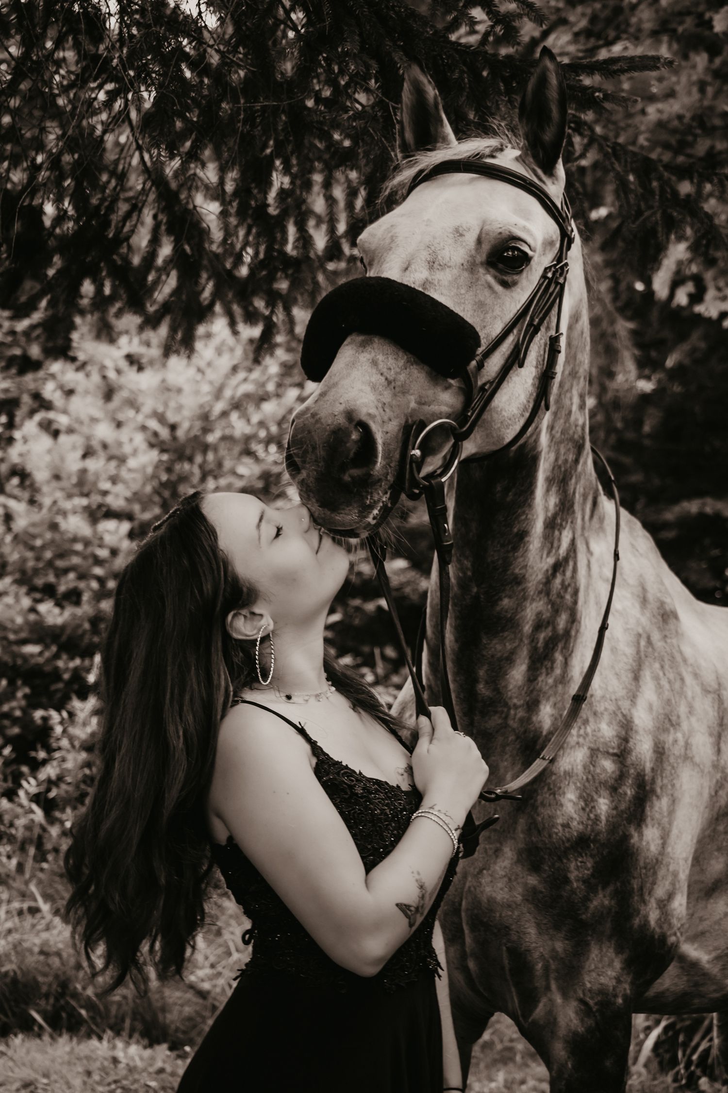Black and white portrait of a horse in a serene forest setting.