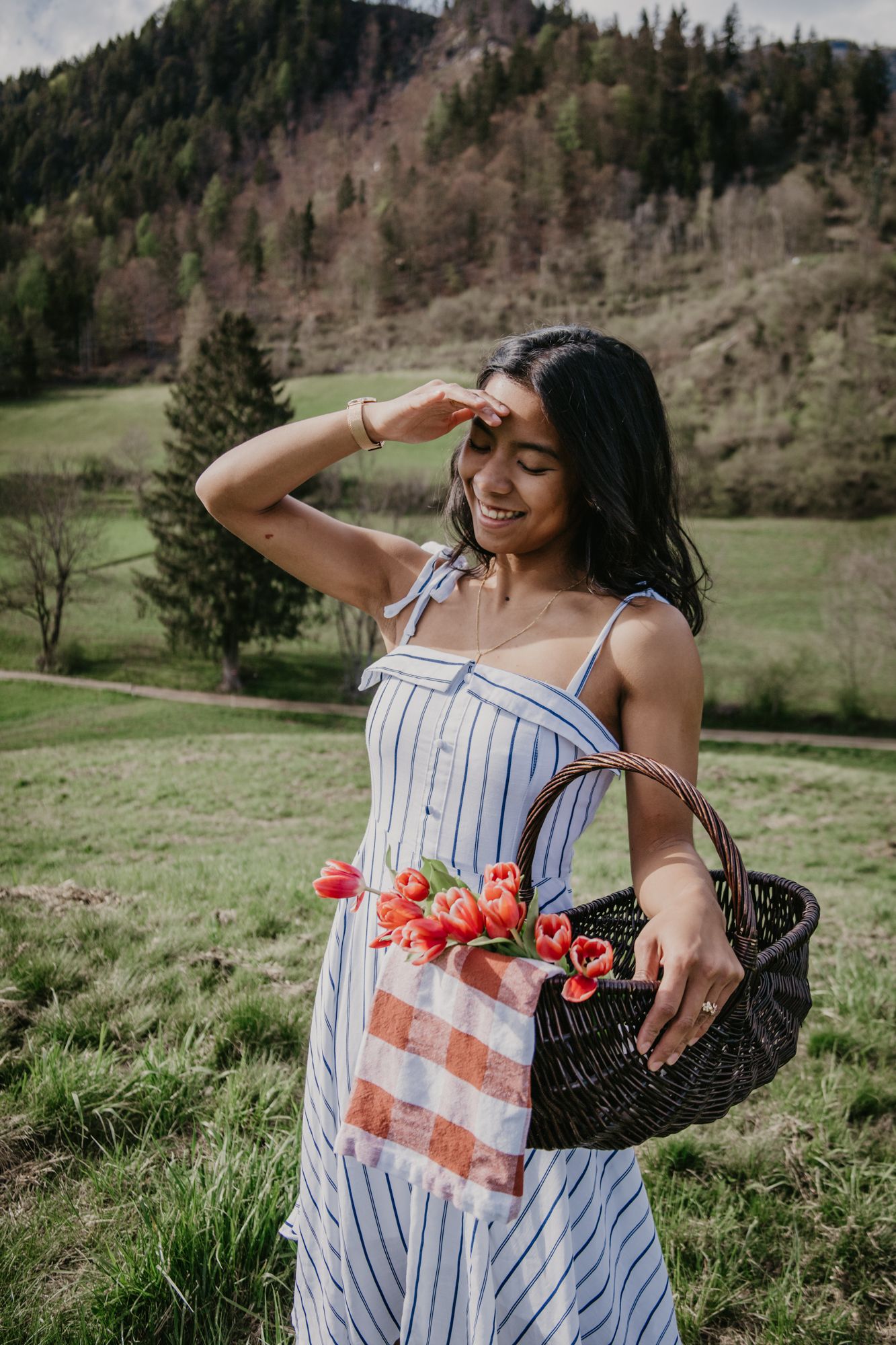 A joyful summer picnic moment captured in a scenic mountain meadow setting.