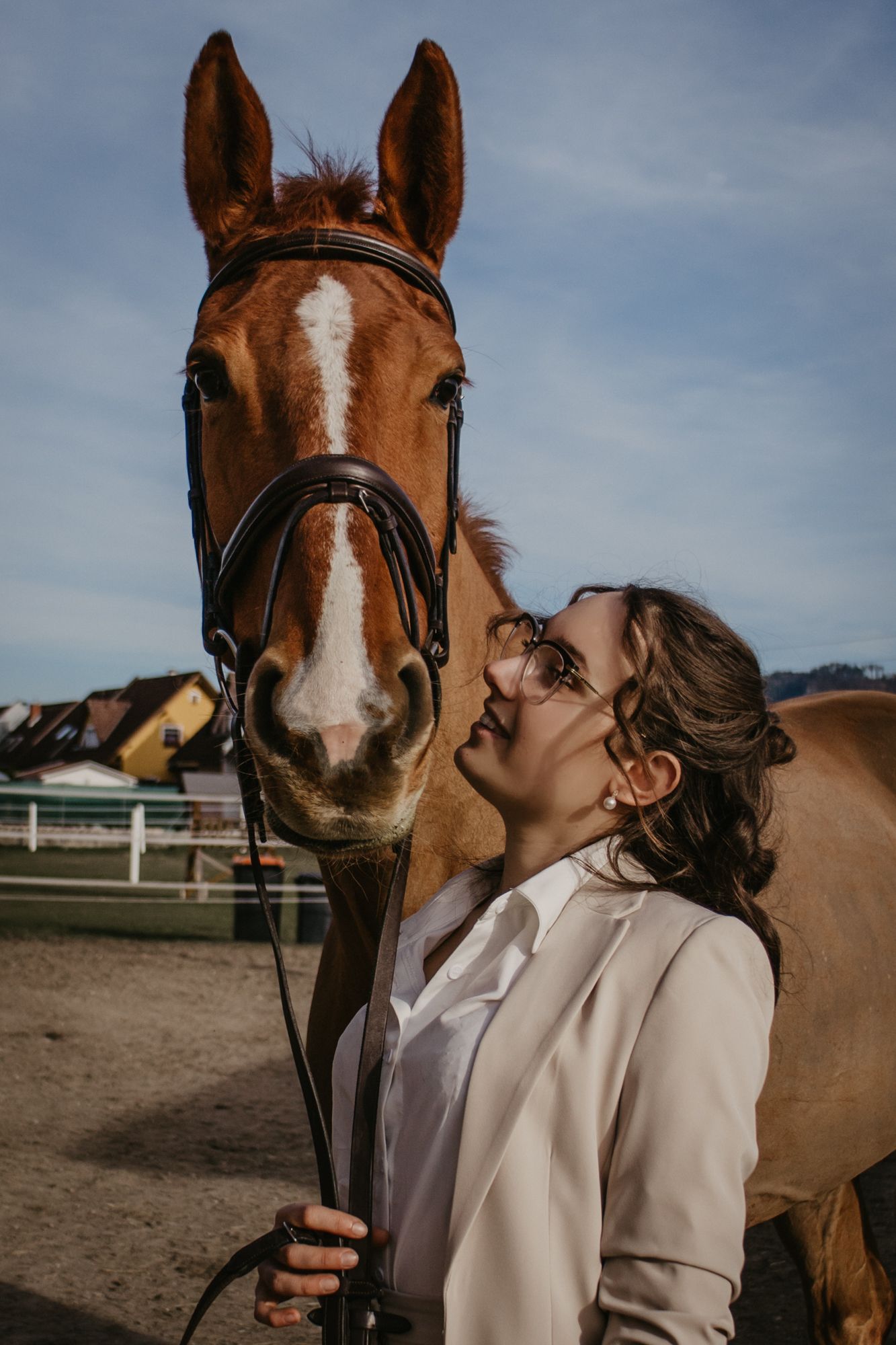 Outdoor photo sequence capturing tender moments between a chestnut horse and person against a blue sky.