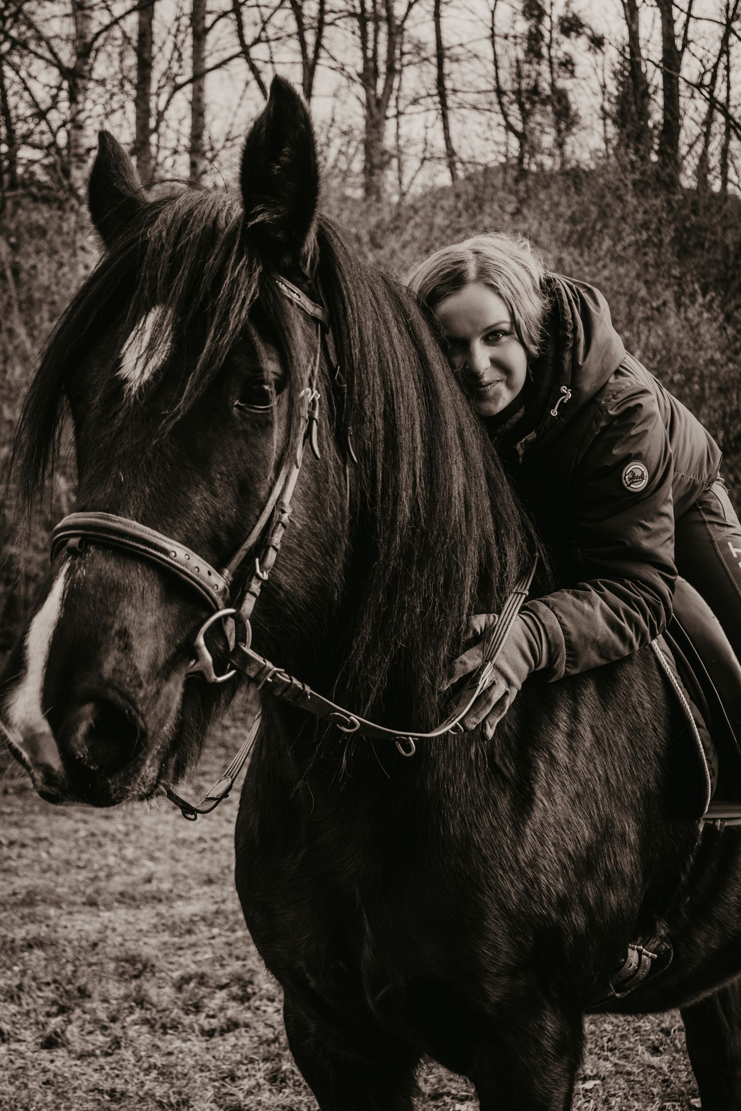 Black horses stand together in a wooded area, captured in dramatic black and white photography.