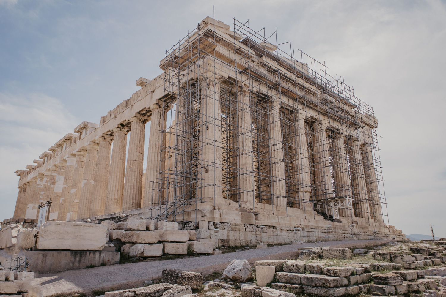 Panoramic view of the Parthenon temple under restoration on the Acropolis in Athens.