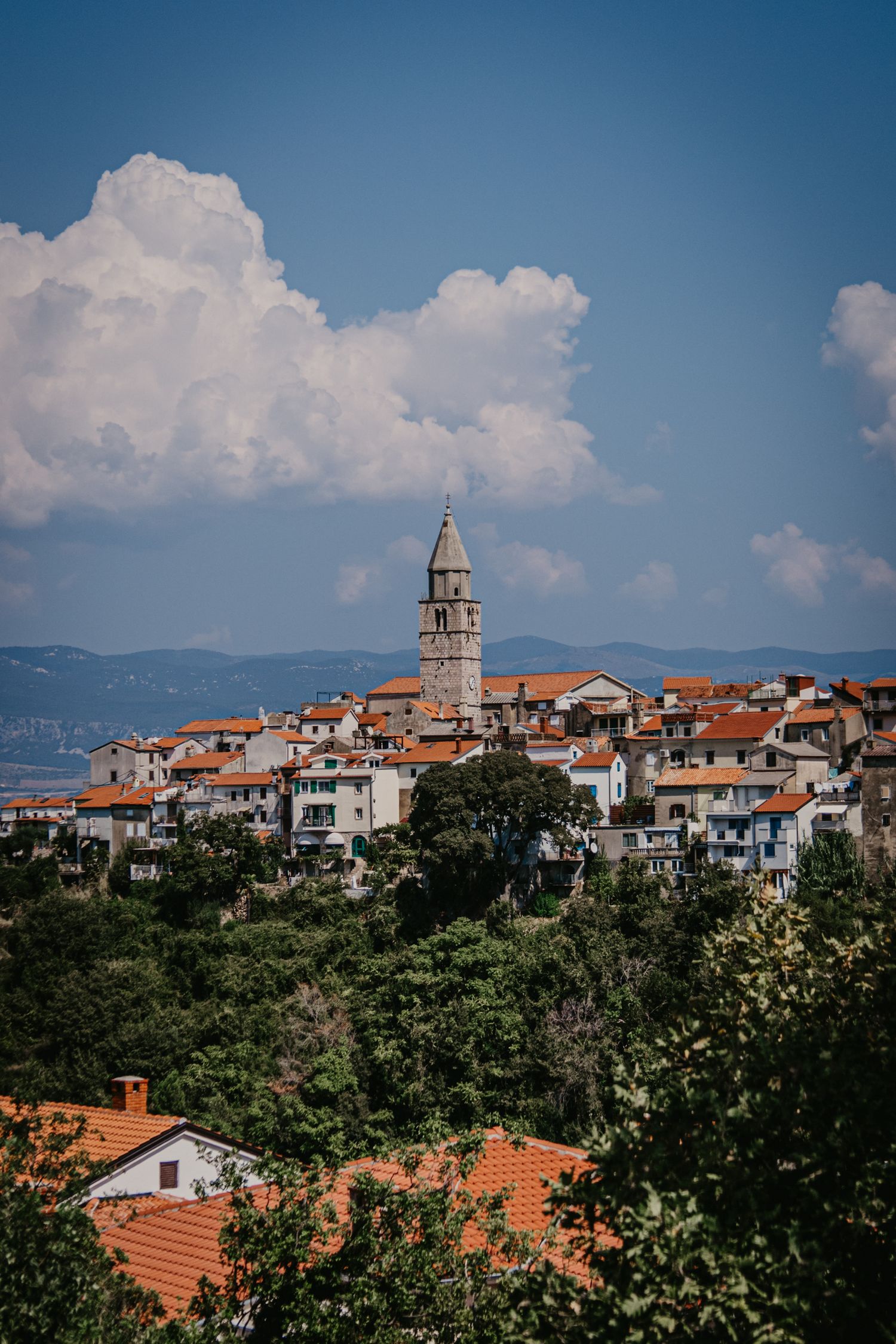 Scenic Mediterranean hillside town with terracotta roofs and church towers against a blue sky with white clouds.