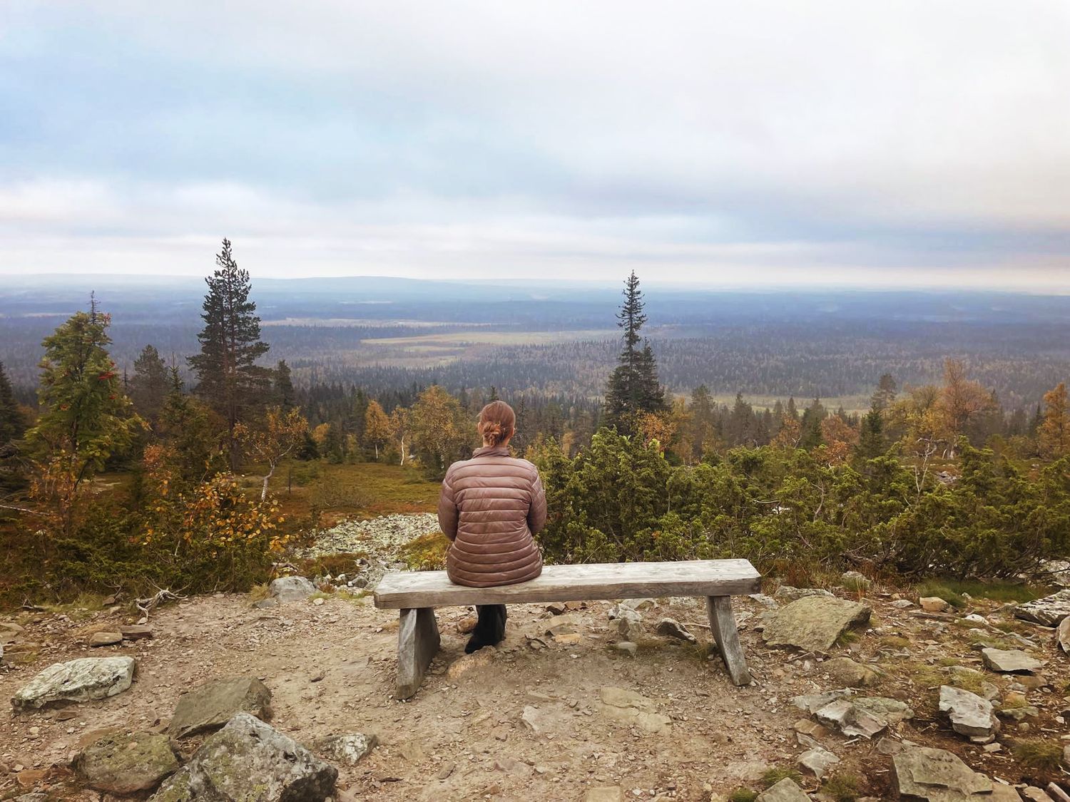 Scenic autumn landscape views from a mountain summit showing colorful foliage and distant rolling hills stretching to the horizon.