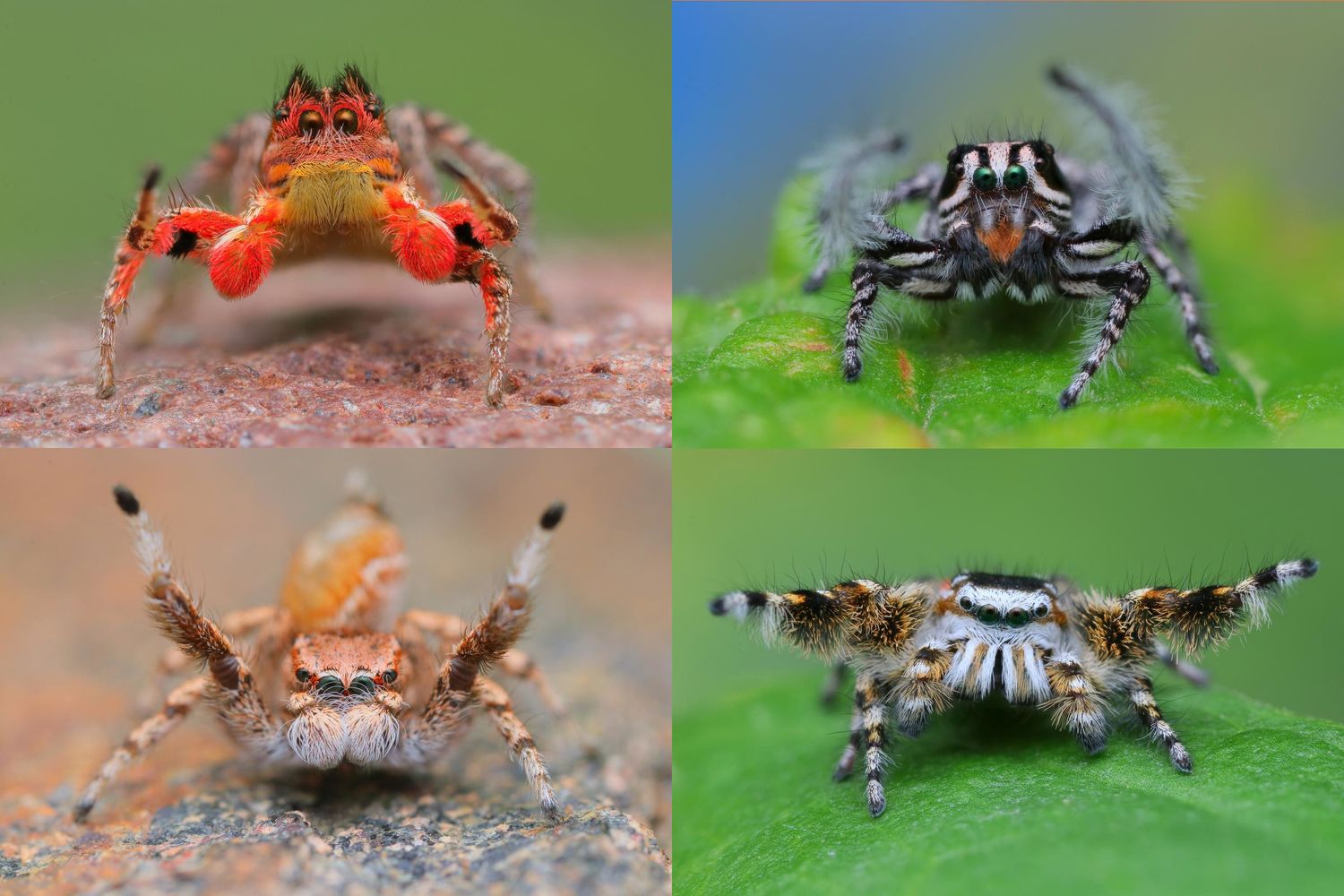 Collection of colorful jumping spiders in various poses against natural backgrounds.
