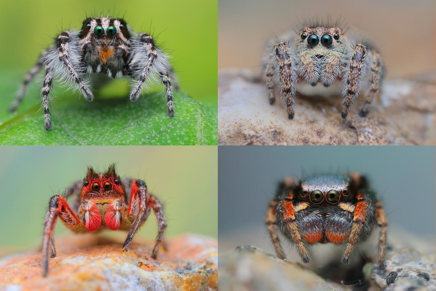 Series of macro photographs showing jumping spiders with distinctive patterns and colors.