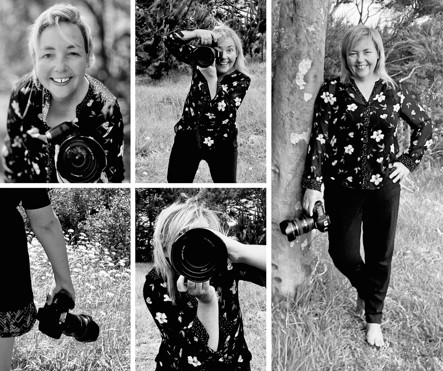 Black and white collage of a Sarah Warrington photographer posing with a camera in an outdoor natural setting.