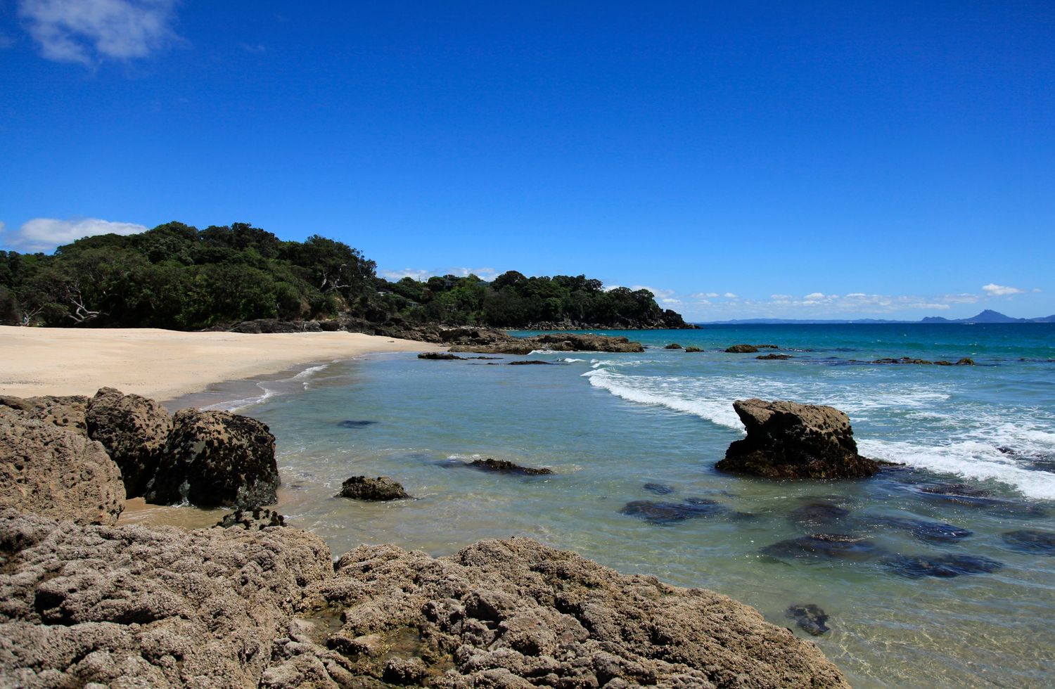Rocky shoreline with crystal-clear turquoise water, sandy beach, and lush green trees under a bright blue sky.