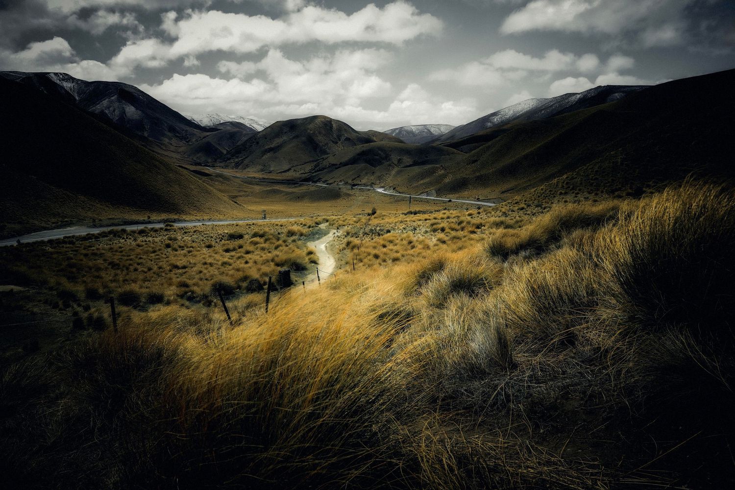 Golden tussock grasslands sweep through a dramatic mountain valley under stormy skies, the scenic drive through Lindis Pass, New Zealand.