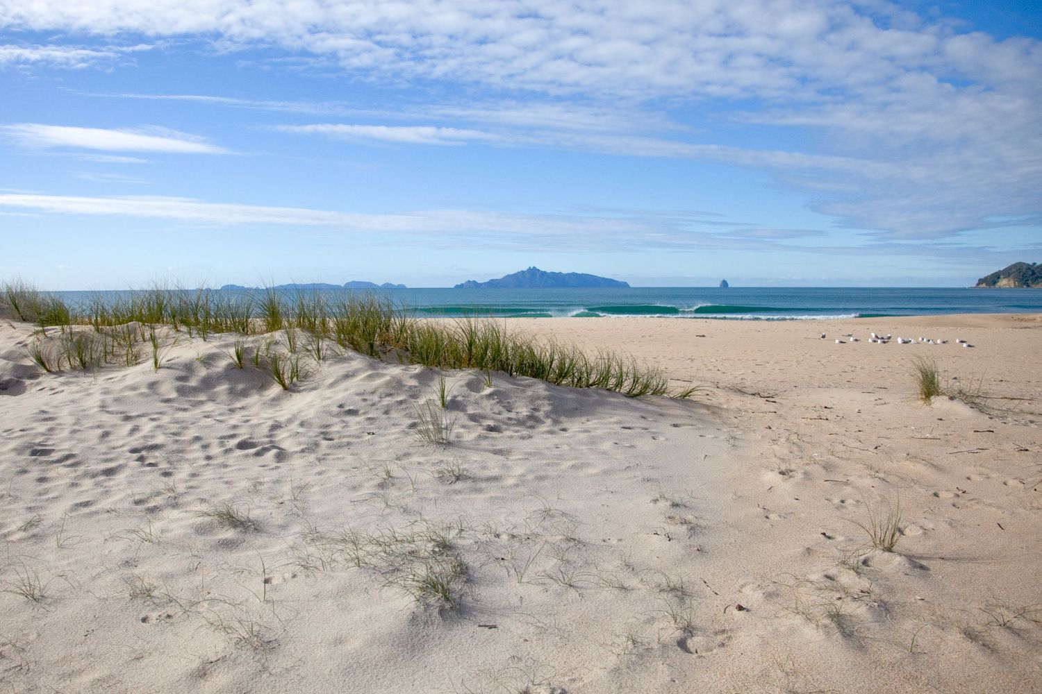 Sandy beach with grass-covered dunes, calm turquoise ocean, and distant mountains under a partly cloudy blue sky.