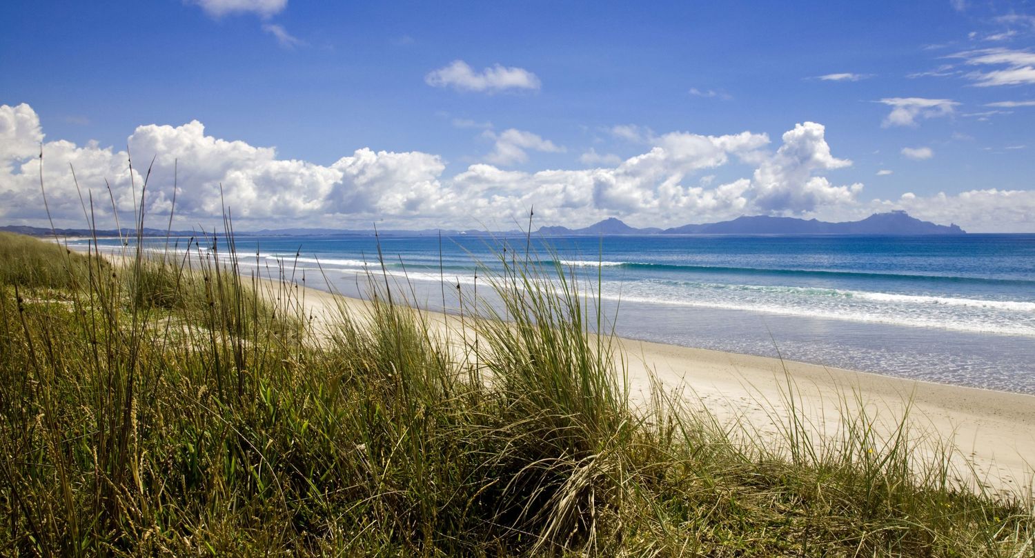 Scenic white sand beach with lush grass dunes, calm blue ocean waves, and mountains under a bright cloudy sky.