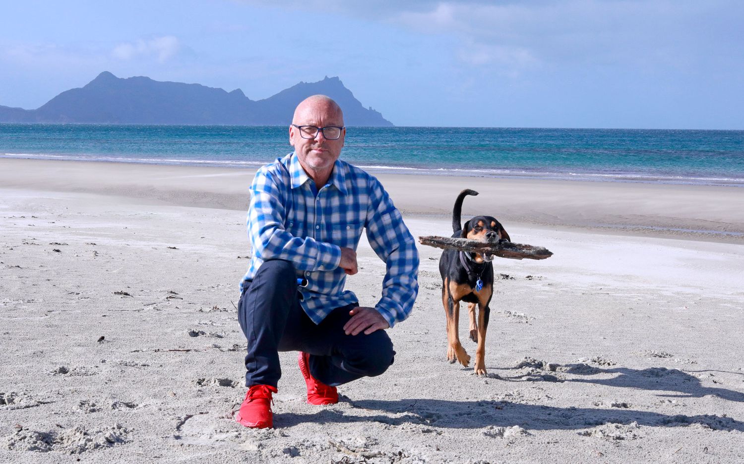 Beach scene with person in plaid shirt crouching next to dog on sand.