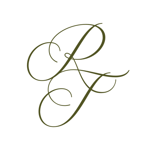 Elegant olive green cursive monogram logo featuring intertwined letters in decorative calligraphy script style.