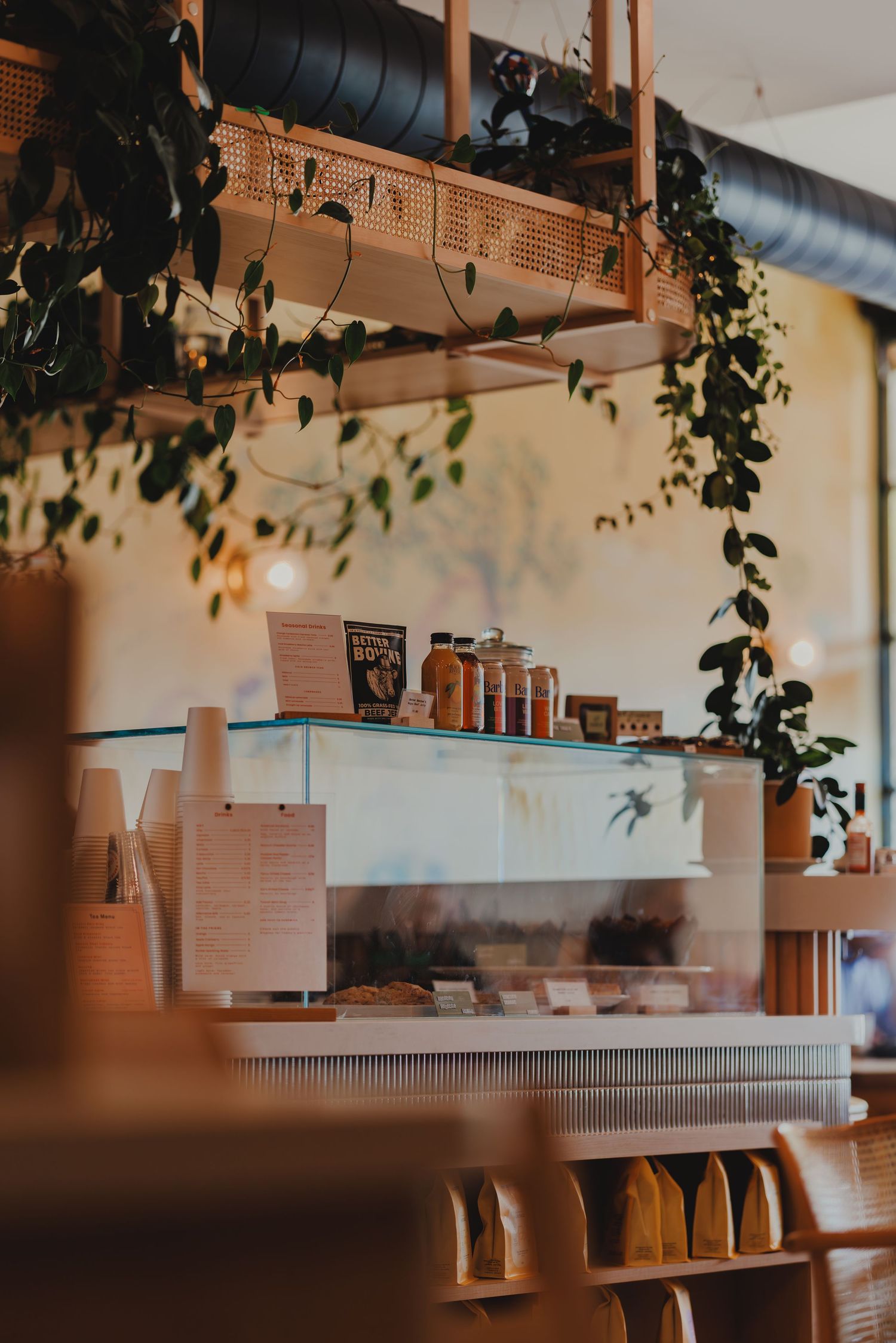 Cozy café interior with trailing green plants, glass display case with pastries and warm ambient lighting.