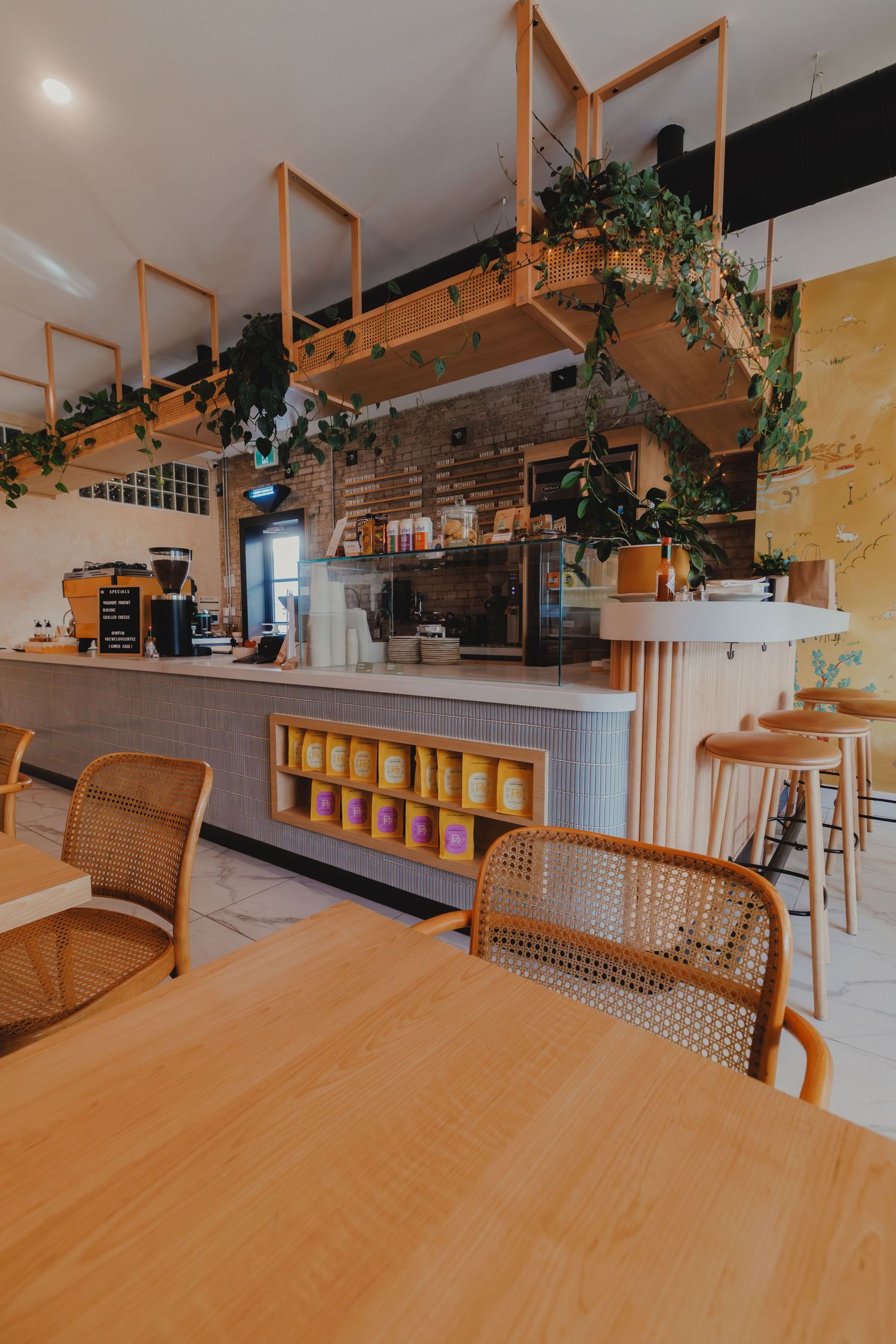 Bright modern cafe interior with rattan chairs, wooden tables, hanging plants, and a stylish espresso bar counter.