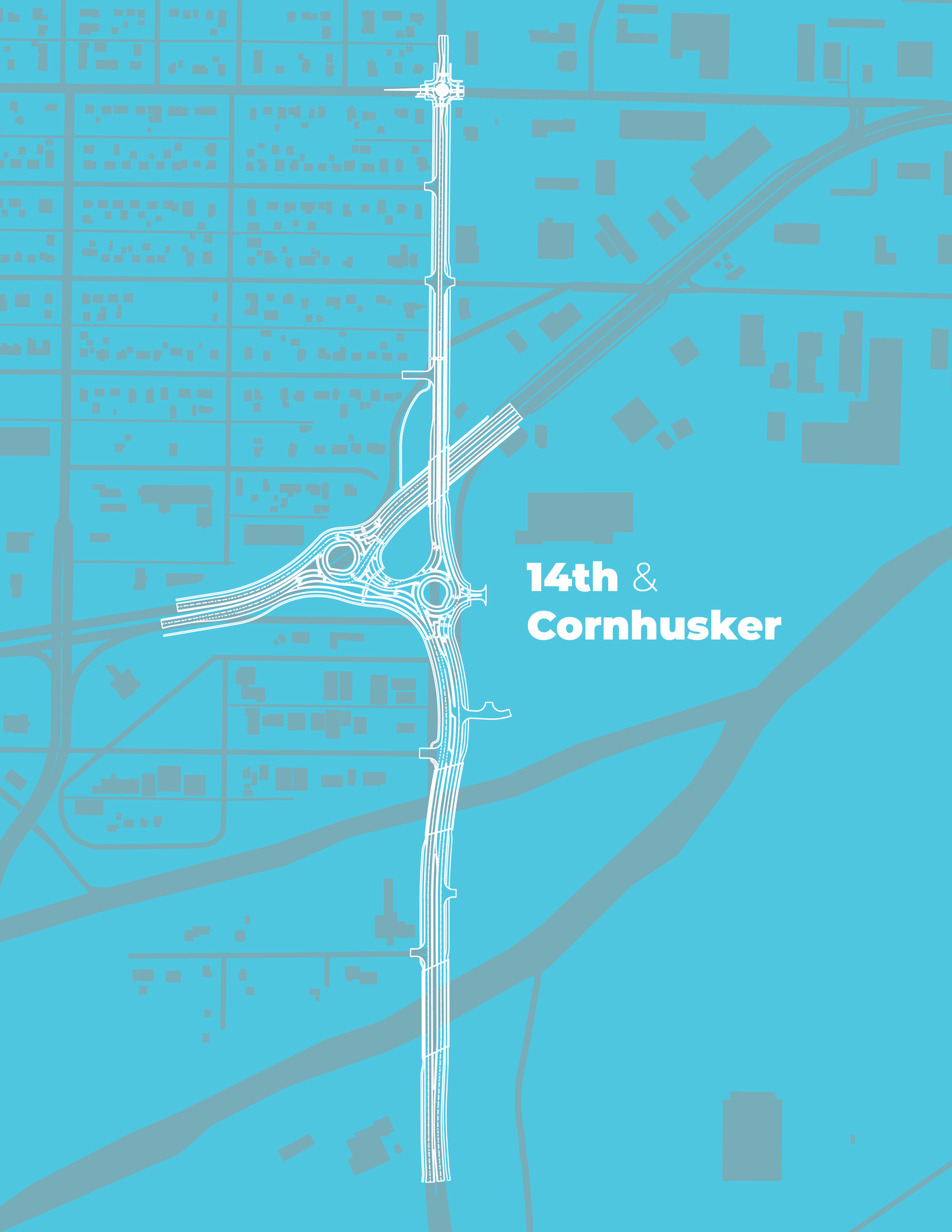 Minimalist map design showing the intersection of 14th and Cornhusker streets in blue and white tones.