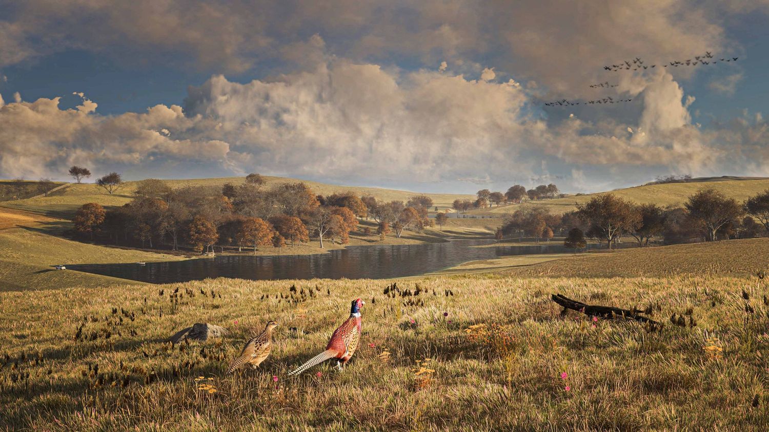 A dramatic panoramic landscape of rolling hills and farmland under a cloudy sky at sunset with golden light.