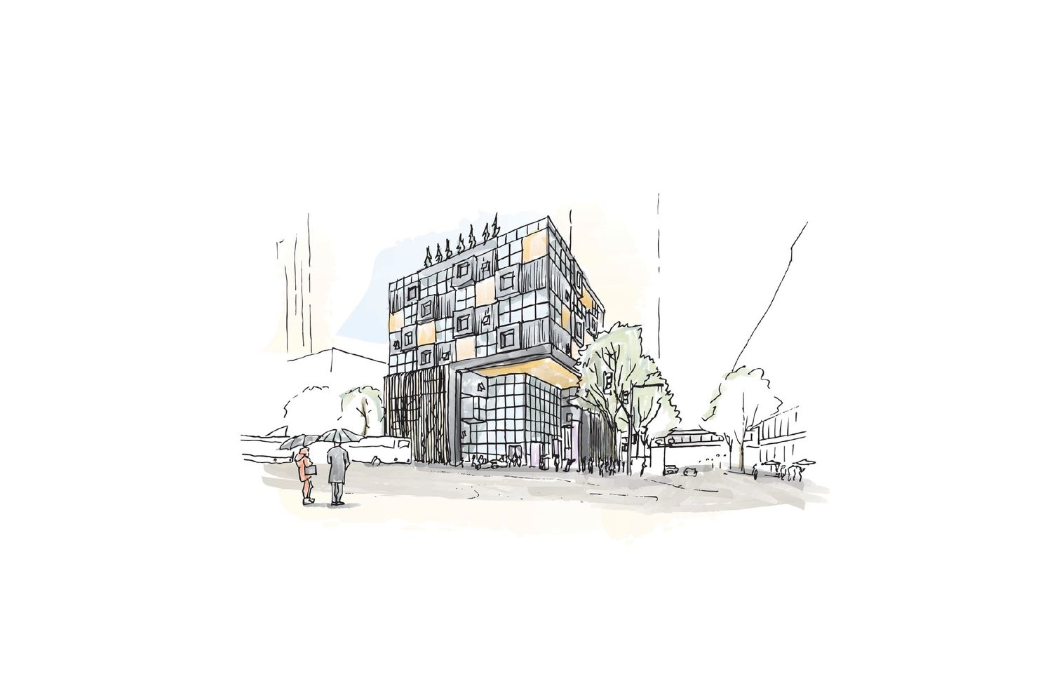 Architectural sketch of a modern multi-story building with glass facades and geometric design elements in muted watercolors.
