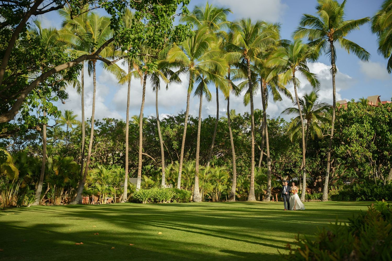 Scenic view of a couple in the lush palm grove at Four Seasons Ko Olina. Tropical landscape photography for an Oahu wedding.