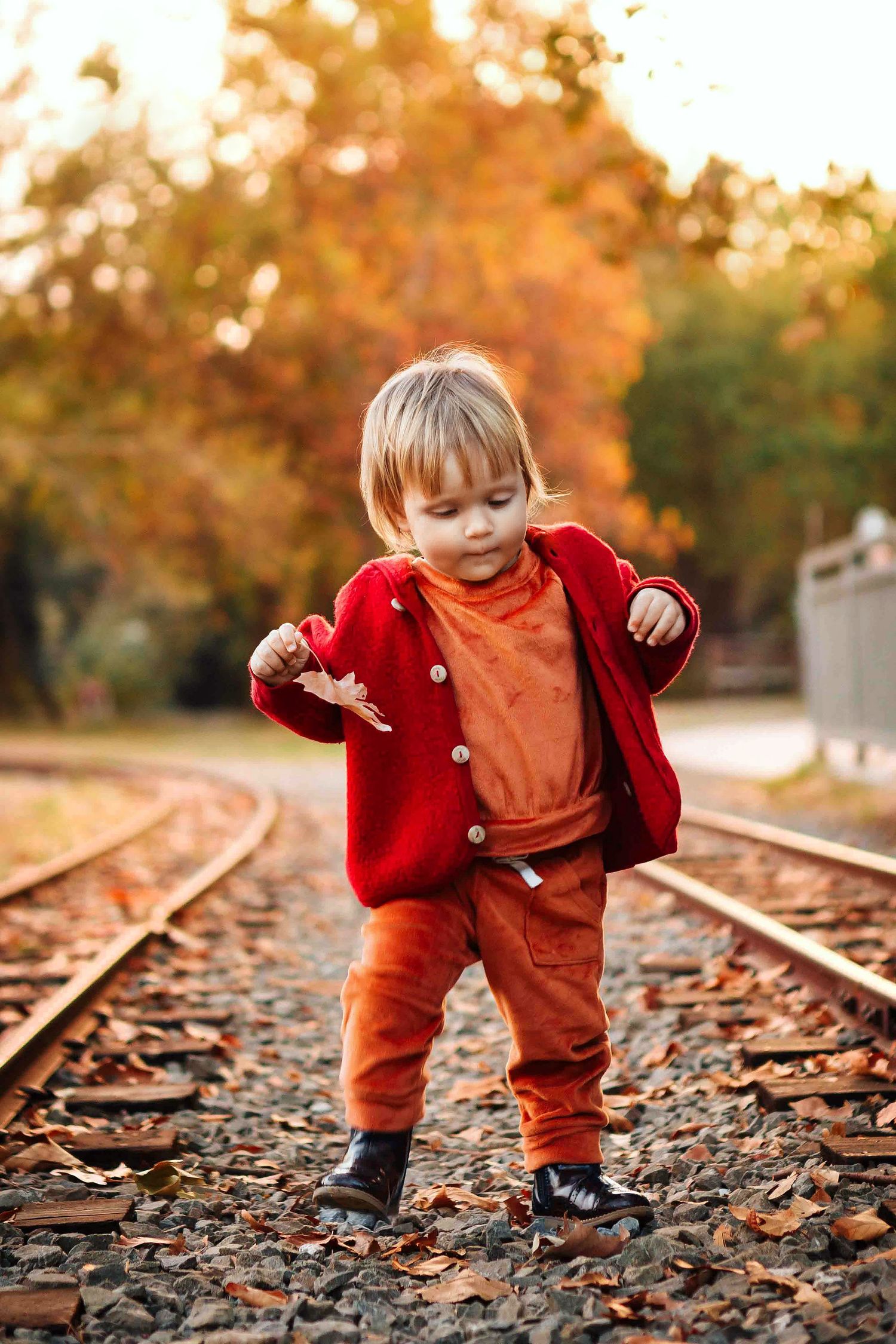 Toddler in autumn colors exploring outdoors — lifestyle family photography in Boulder, Colorado