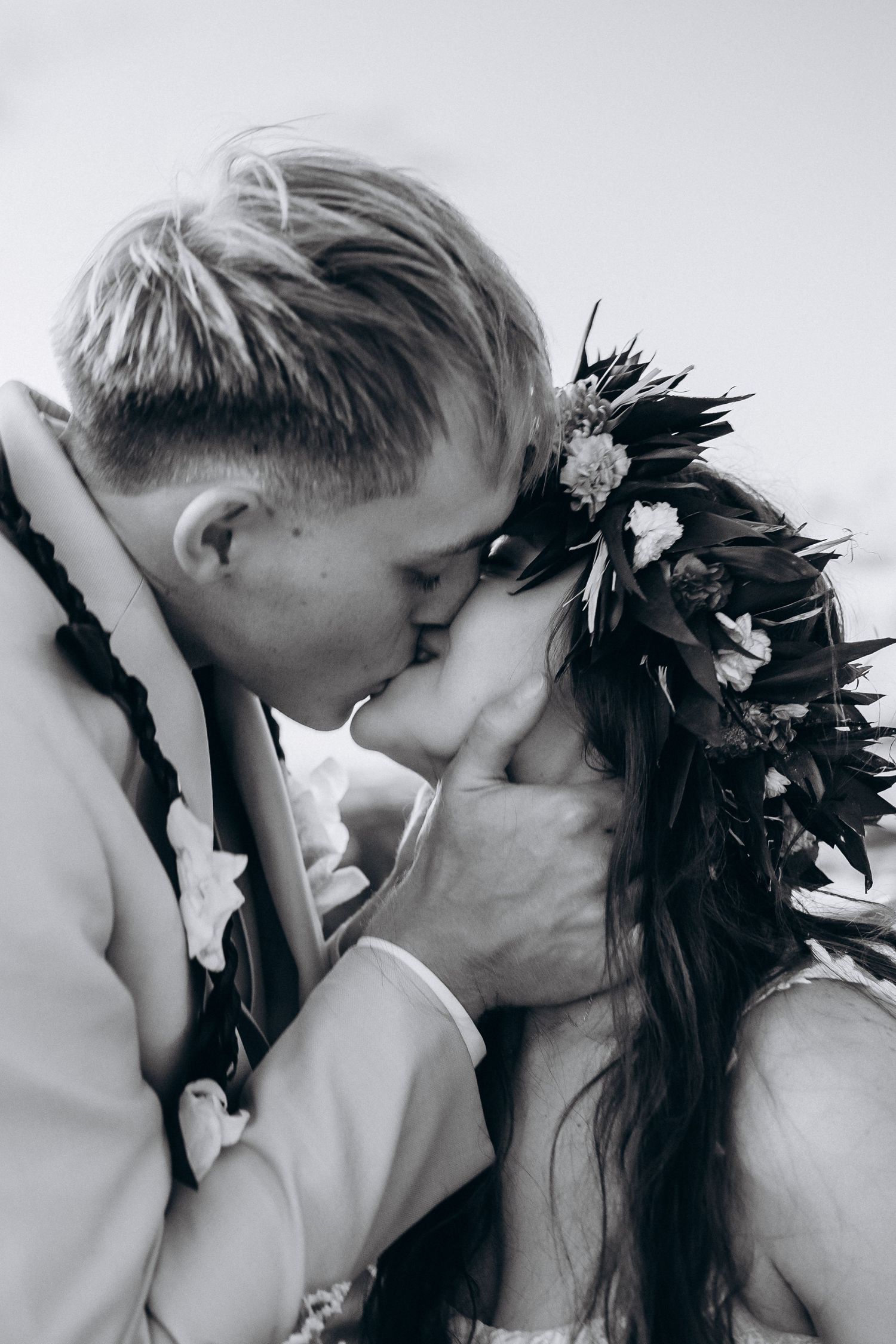 Close-up cinematic wedding portrait at Ko Olina. Authentic destination wedding photography by Anna Tsenta at Four Seasons Oahu.
