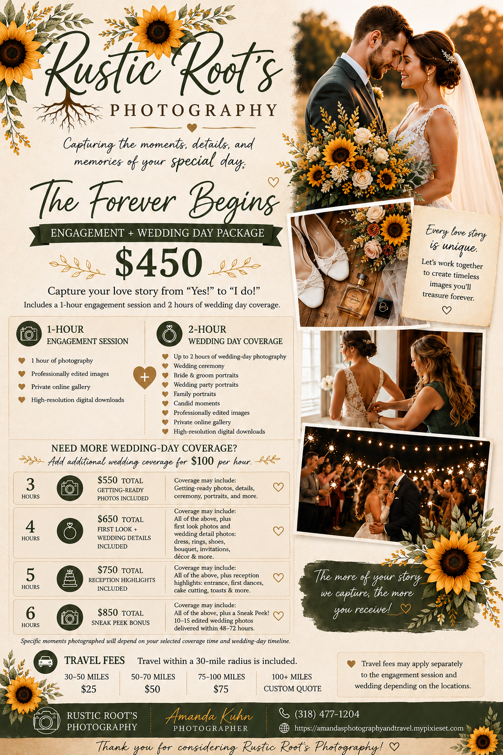 Rustic Root's Photography wedding package flyer featuring sunflowers, couple portraits, and pricing details for engagement and wedding cover