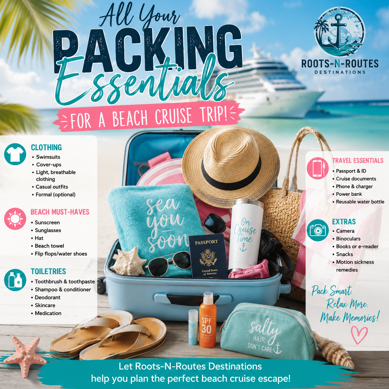 Colorful beach cruise packing essentials guide by Roots-N-Routes Destinations featuring clothing, toiletries, and travel must-haves.