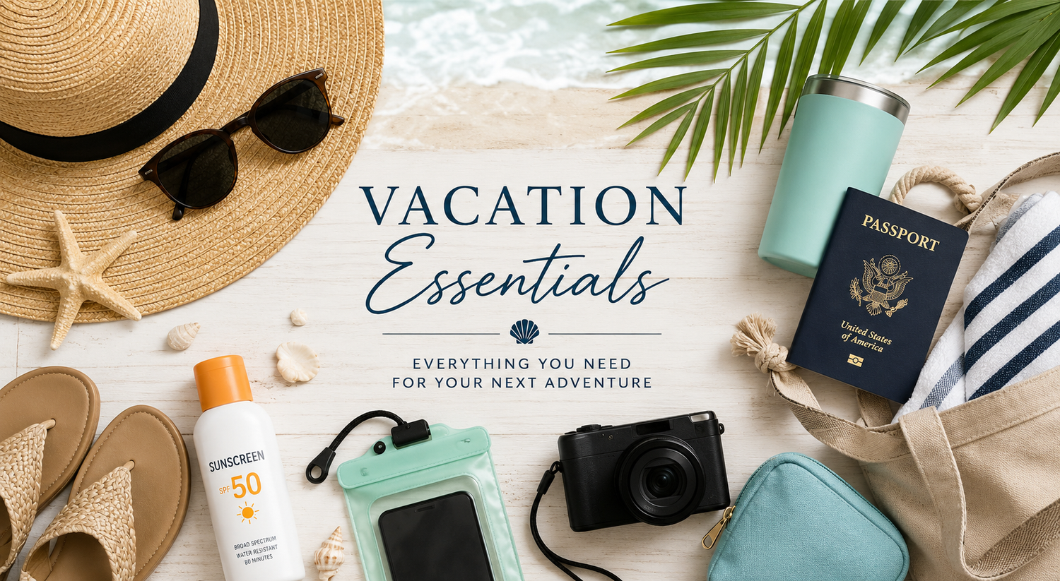 Vacation essentials flatlay featuring sunscreen, sunglasses, passport, camera, sandals, and a tote bag on a sandy beach background.