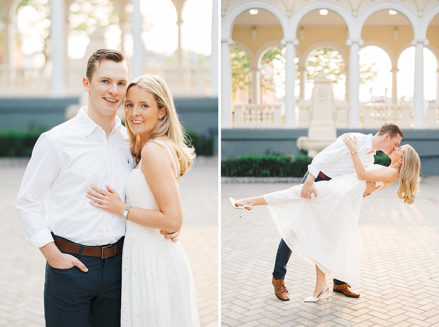 Elegant engagement photos of a blonde couple posing and sharing a dip kiss at a classic outdoor venue.