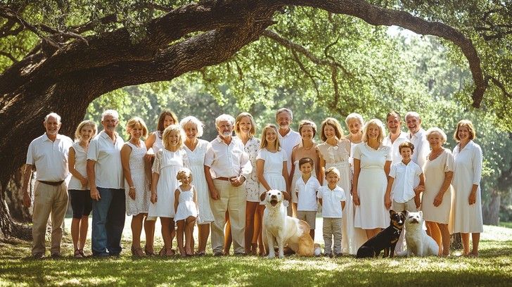 Large extended family portrait in matching white outfits gathered under a sprawling oak tree outdoors.