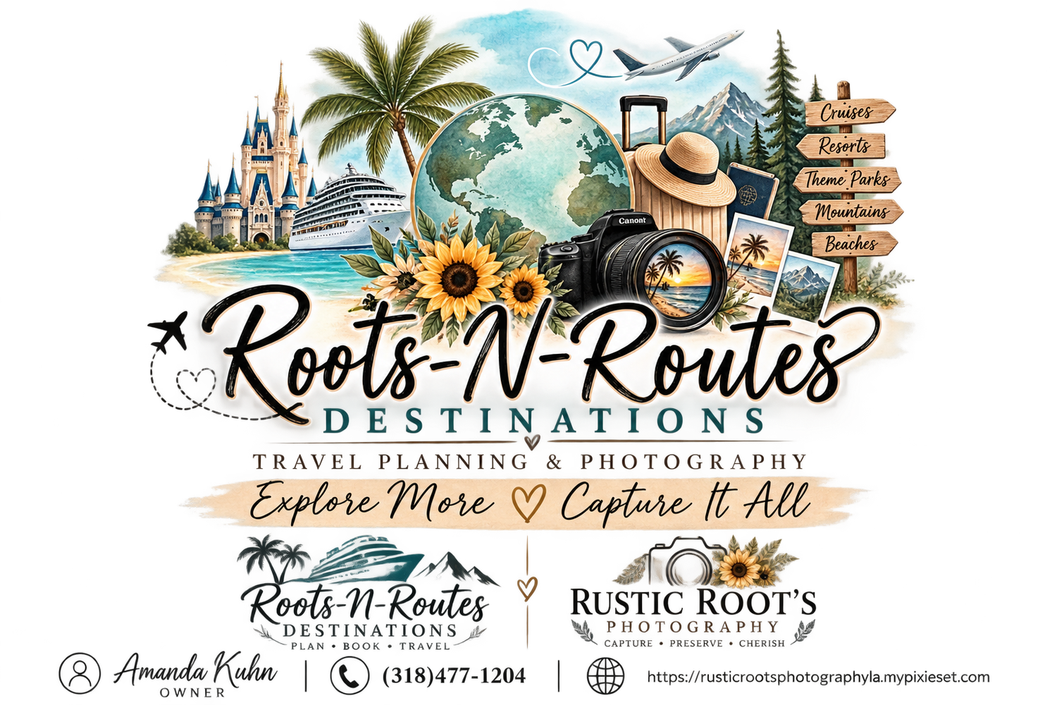 Roots-N-Routes Destinations travel planning and photography business logo with tropical design.