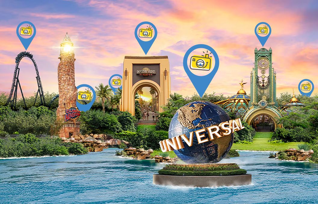 Universal Studios theme park entrance with iconic globe, colorful location pins, and attractions at sunset.