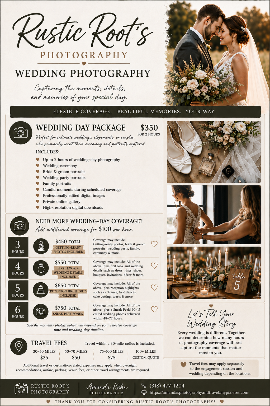 Rustic Roots Photography wedding photography pricing flyer featuring couples photos and detailed package options starting at $350.