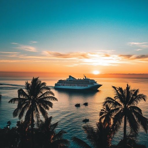 A large cruise ship sails at sunset near a tropical island with silhouetted palm trees and golden ocean reflections.