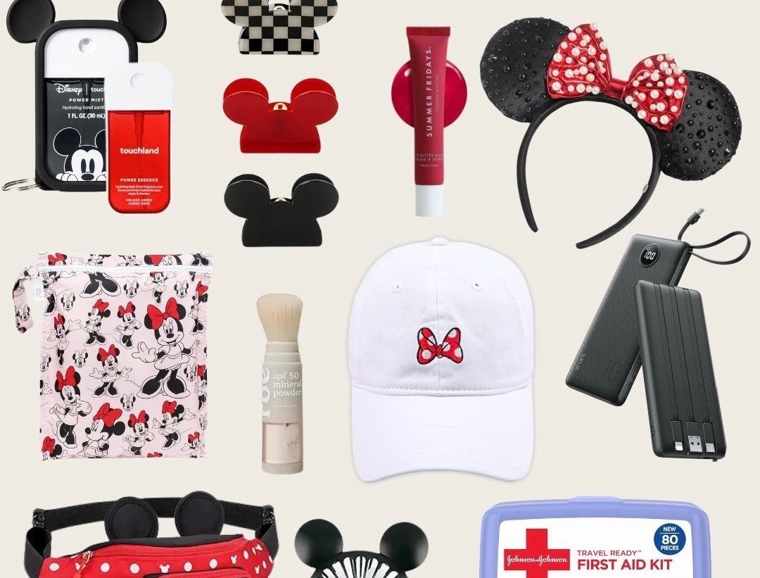 A collage of Disney Minnie Mouse themed accessories including headbands, hats, makeup, luggage tags, and a first aid kit.