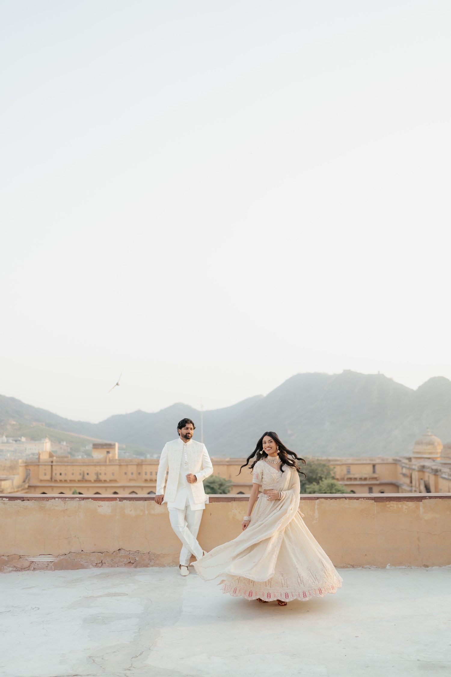 Couple portrait at Amber Fort Jaipur during sunrise pre wedding shoot