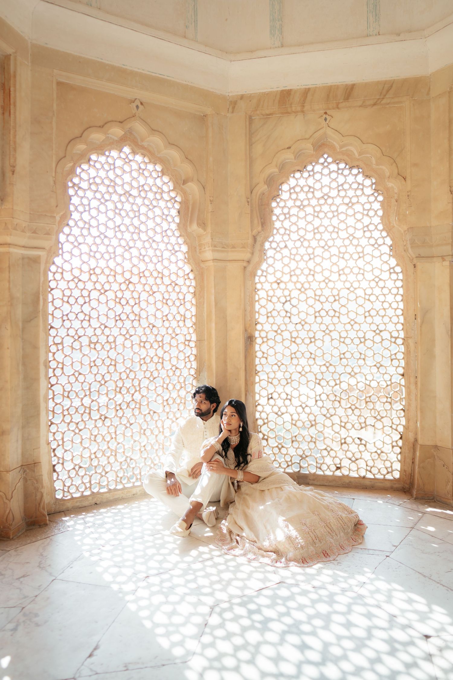 Couple portrait at Amber Fort Jaipur during sunrise pre wedding shoot