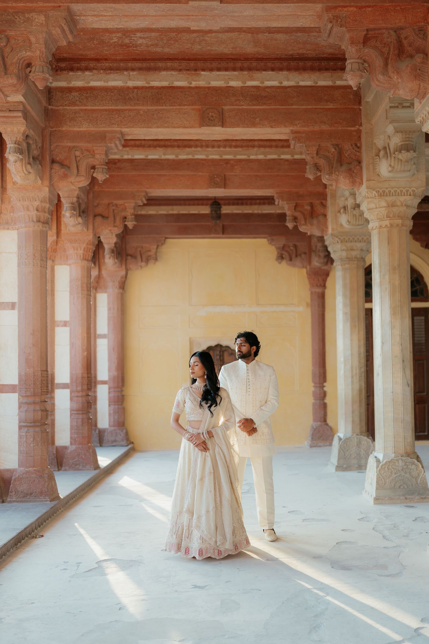 Couple portrait at Amber Fort Jaipur during sunrise pre wedding shoot