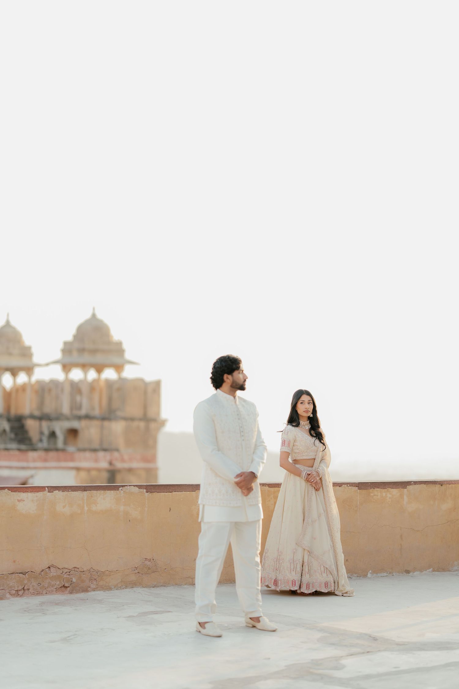 Couple portrait at Amber Fort Jaipur during sunrise pre wedding shoot