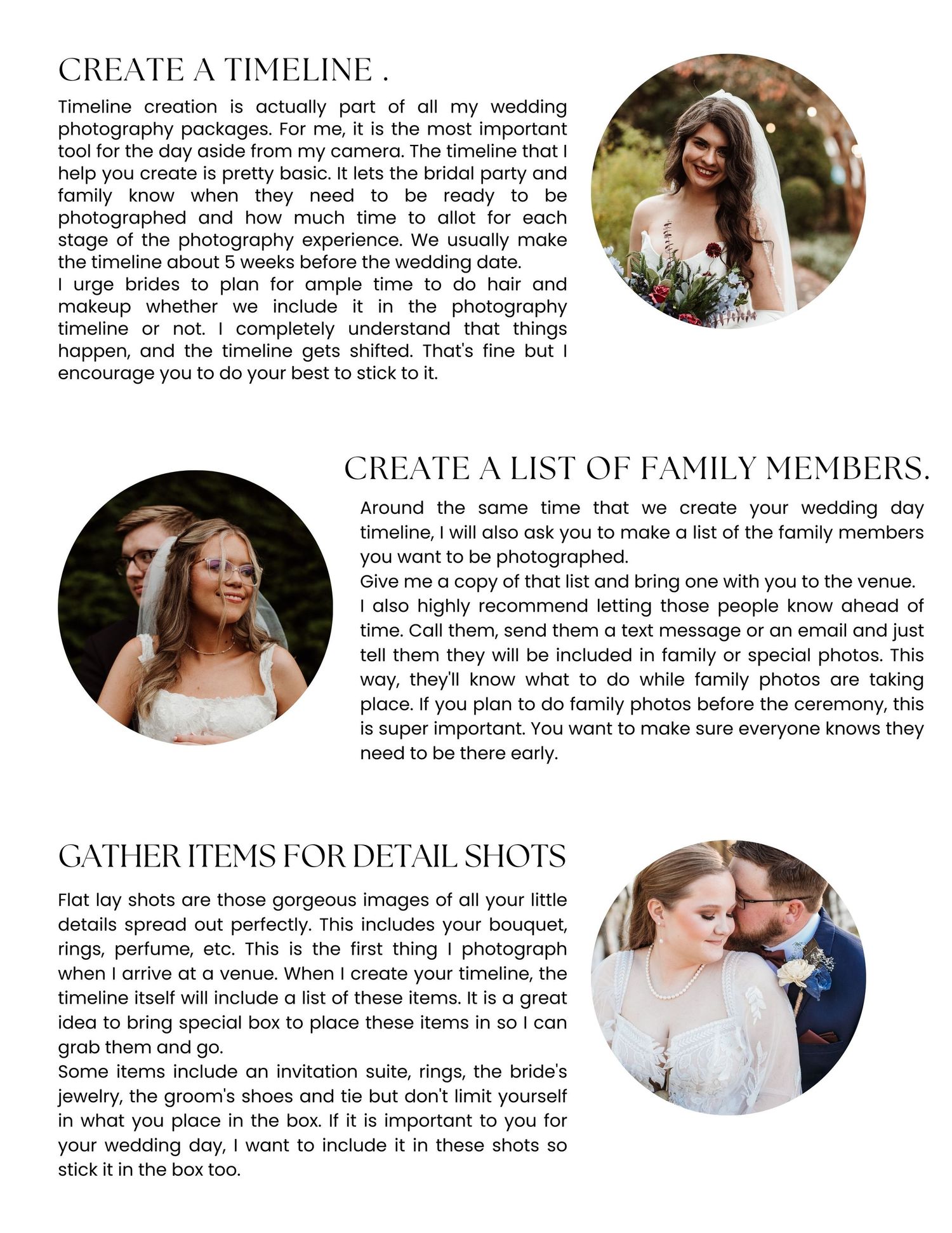 Wedding planning guide page with timeline creation tips and family photo organization advice.