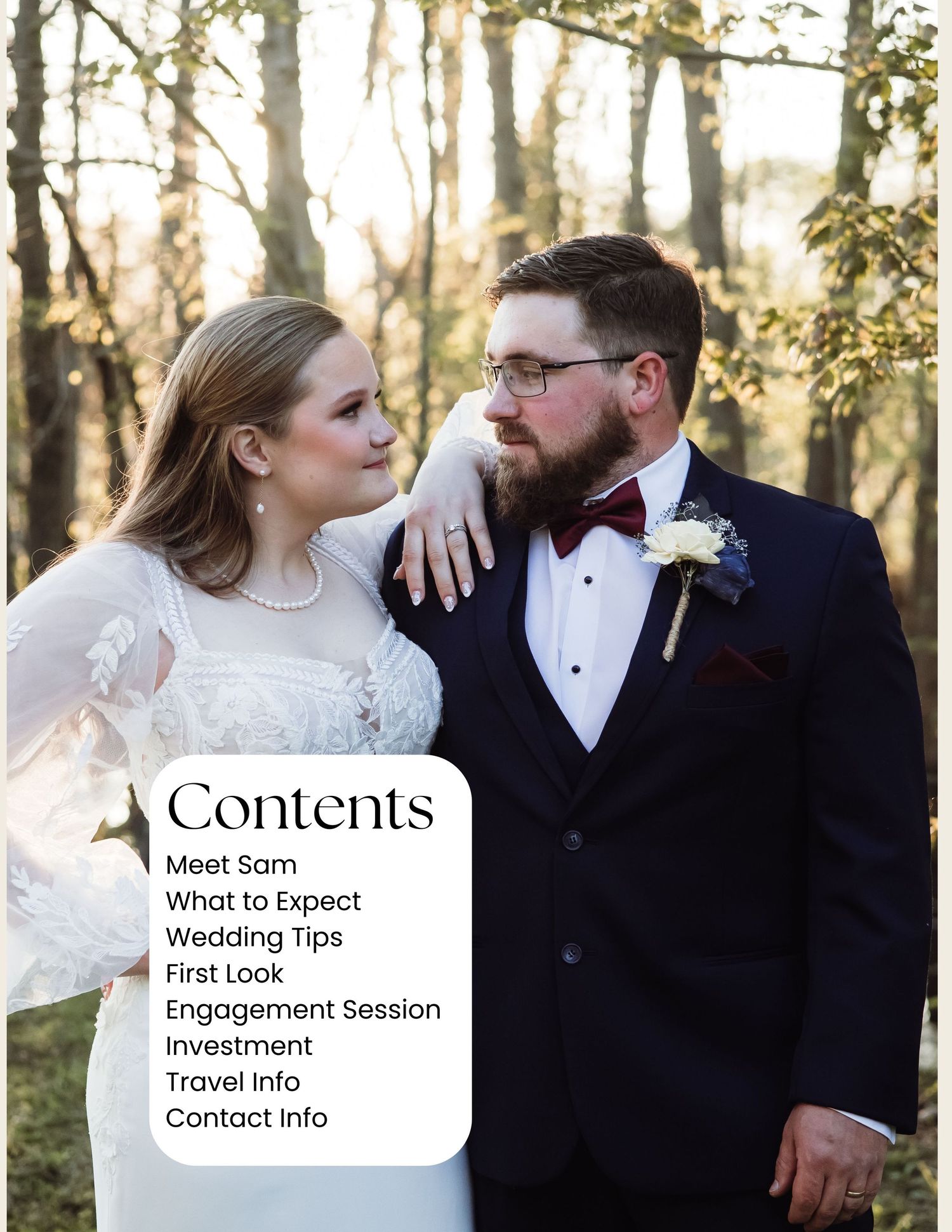 Wedding magazine contents page spread showing romantic couple portraits and photography tips in an outdoor forest setting.