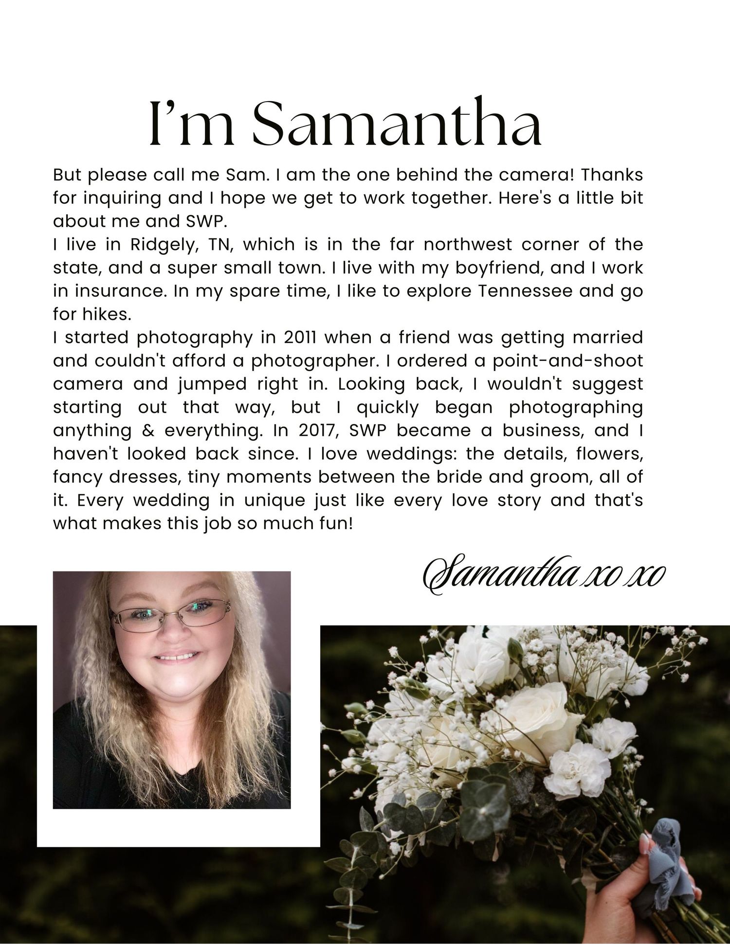 A wedding photographer's bio page featuring a profile photo and a white floral bouquet arrangement.