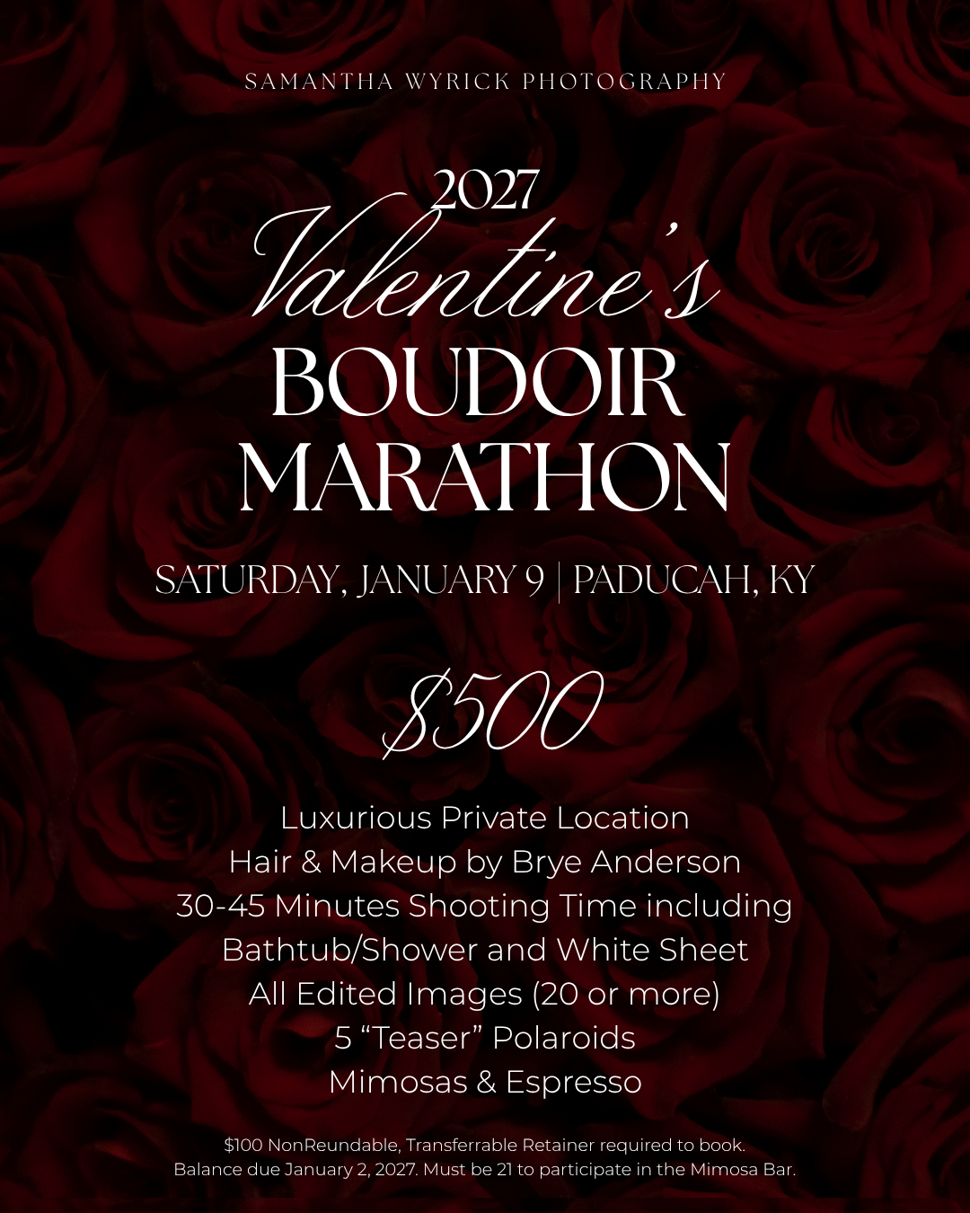 Dark floral promotional flyer for a 2027 Valentine's Boudoir Marathon in Paducah, KY on January 9, priced at $500.